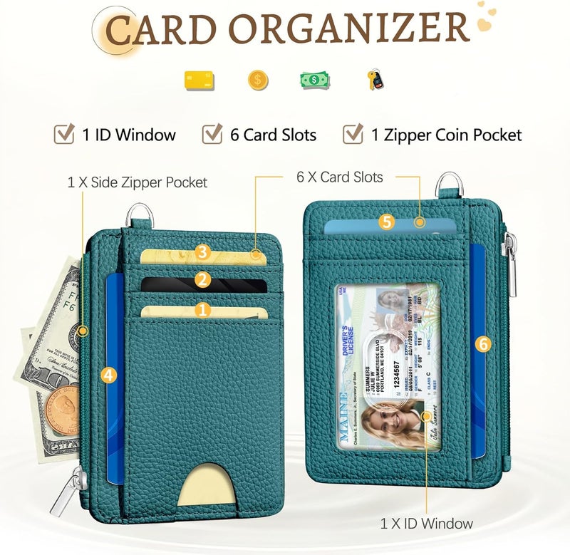 Kelvoris Teal Blue Credit Card Holder Small Wallet Women, Minimalist Slim RFID Blocking Wallet Woman Keychain with Zipper Coin Pocket, Front Pocket Thin Travel Card Case with ID Window Ladies Gifts - Image 3